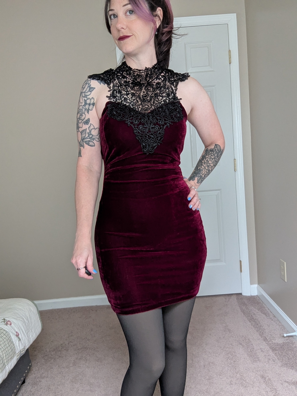 Emerald Sundae Deep Wine Velvet Mini with Black Lace High Neck